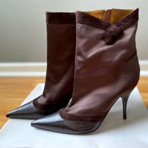 BCBG Brown Satin, Leather, Suede Boots